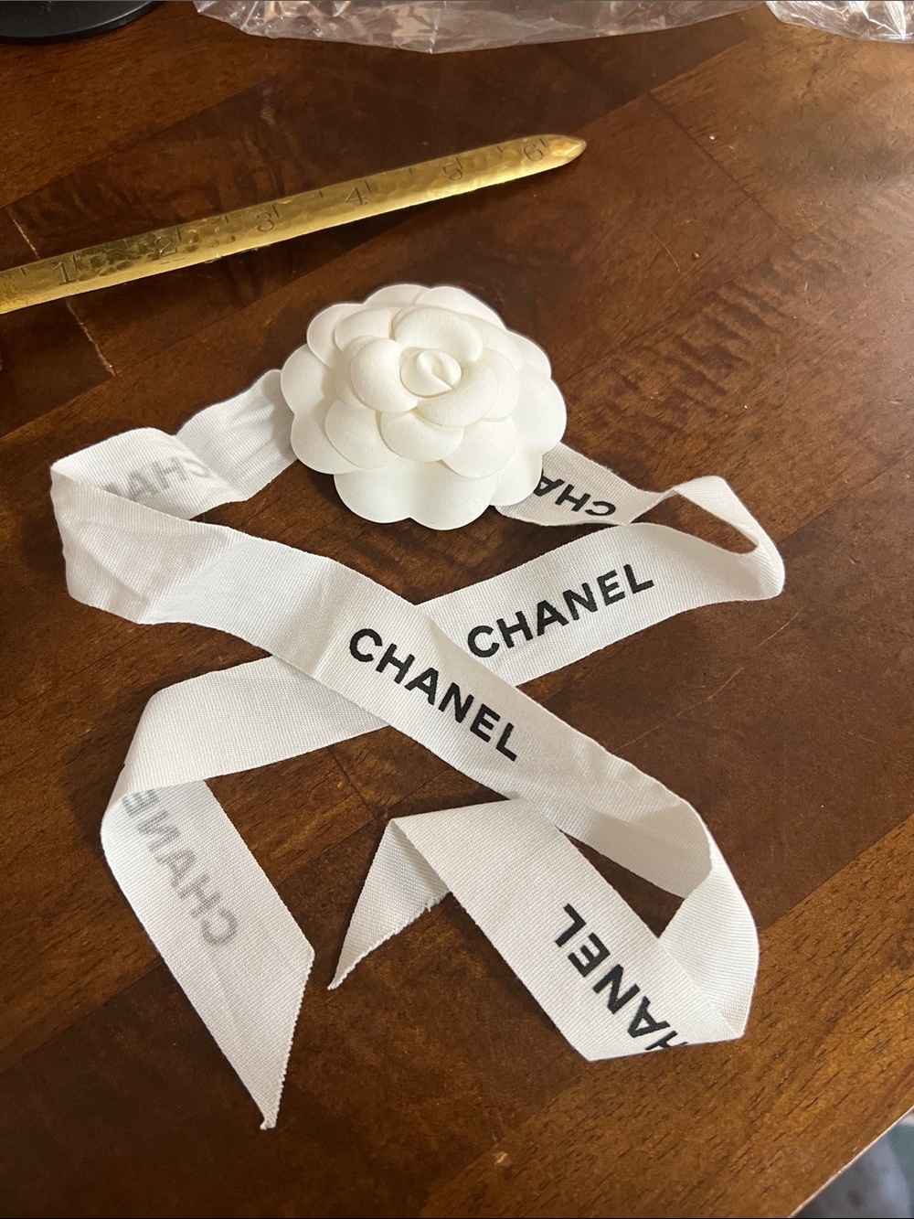 CHANEL White Camellia Ribbon Hair Accessory